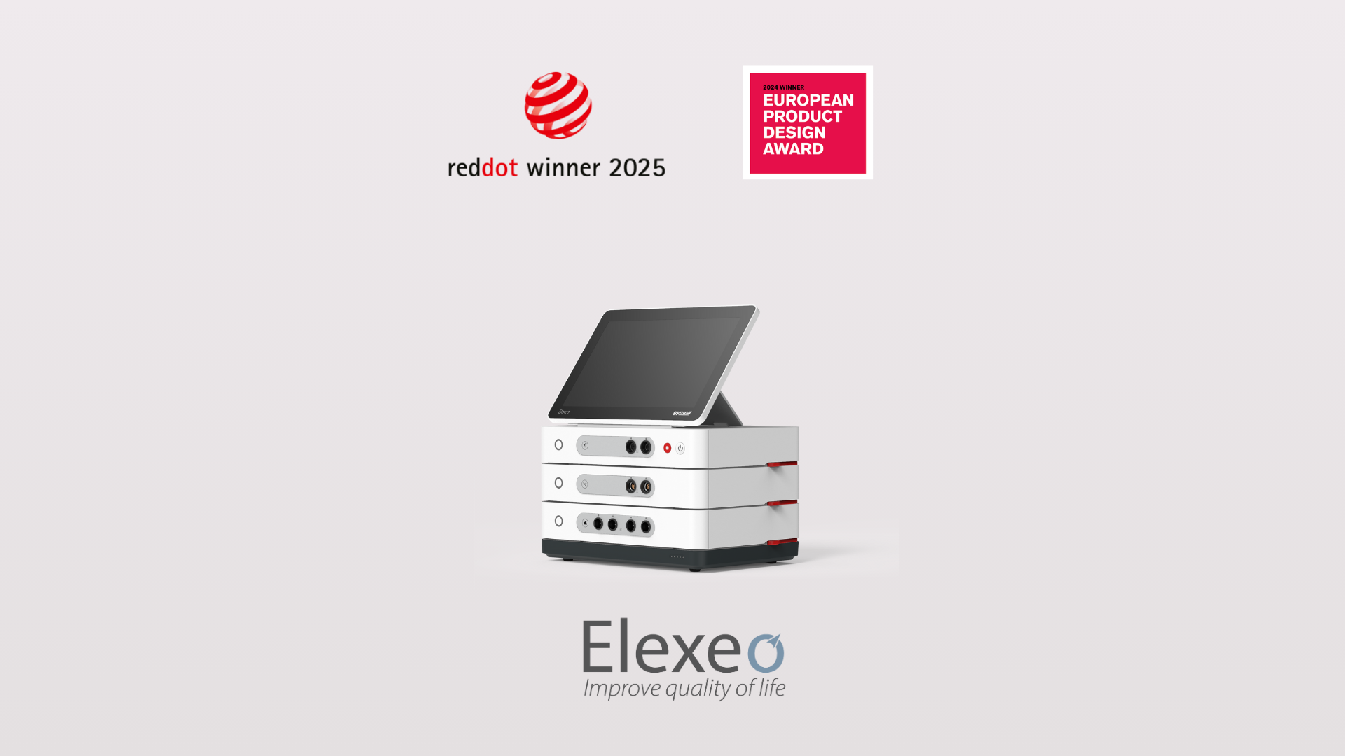 Elexeo positioned in the middle with the logos of the two awards placed above it. 
